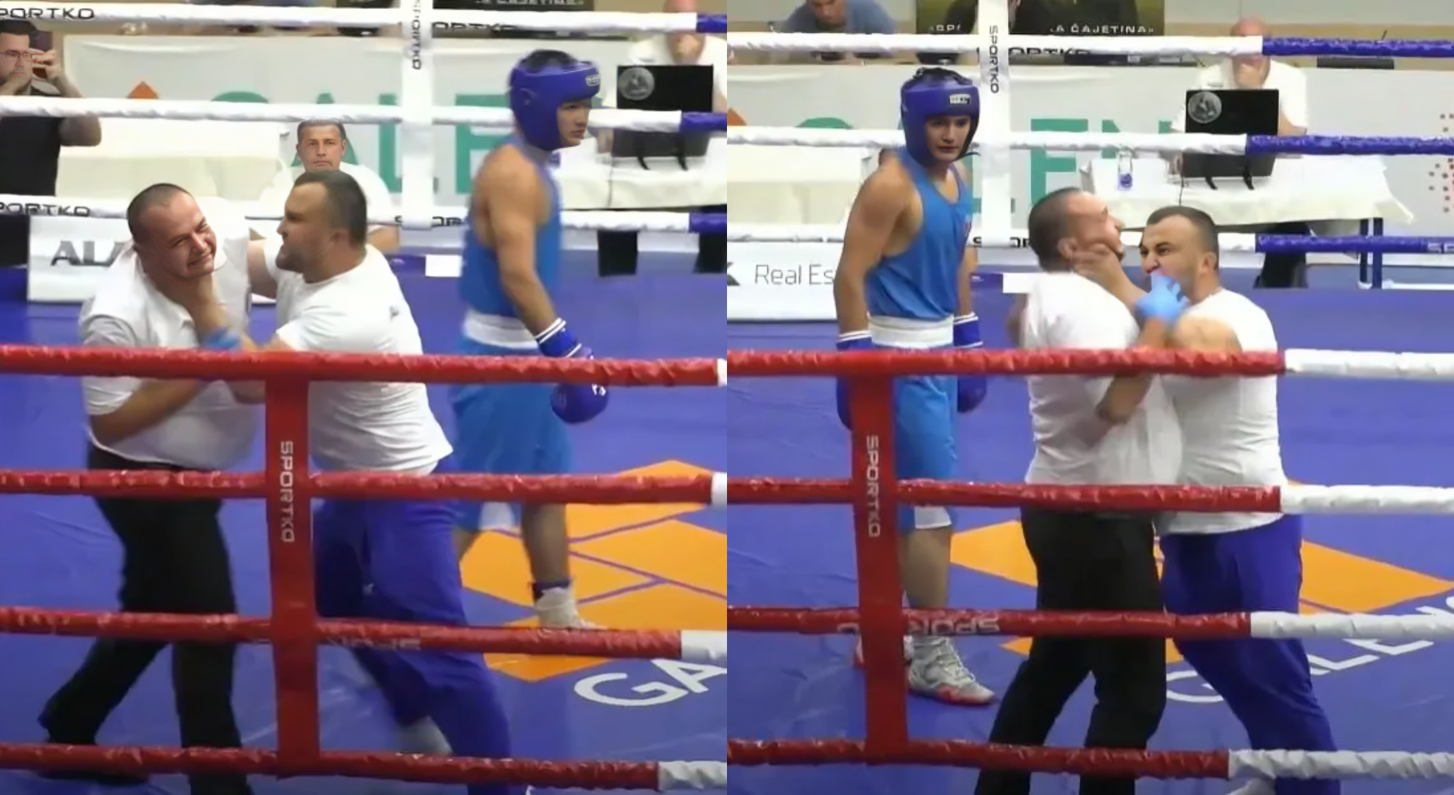 Boxing coach angrily storms ring, attacks referee during bout (Video)